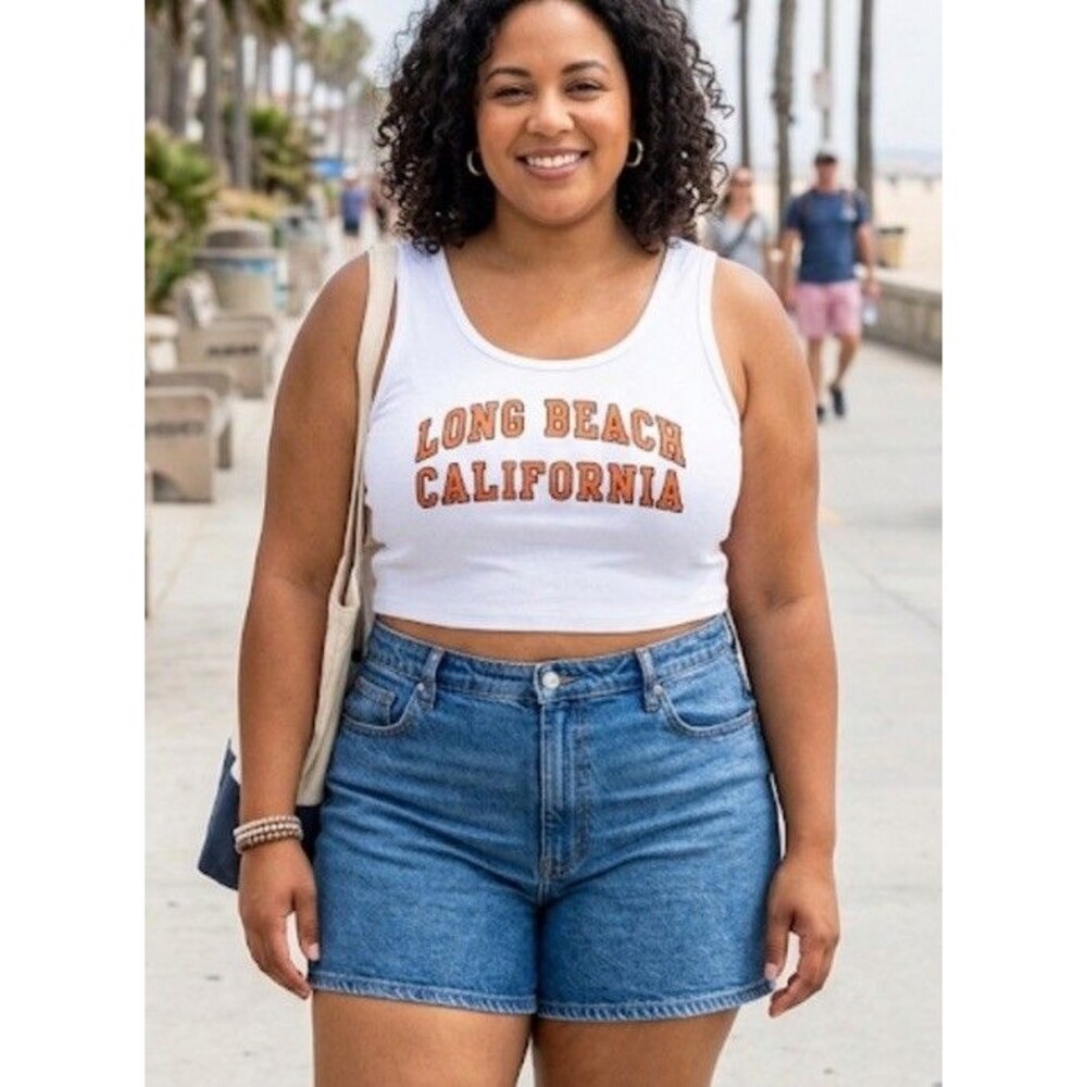 Obsessive love Women XL White Crop Tank Top Long Beach California Graphic Summer